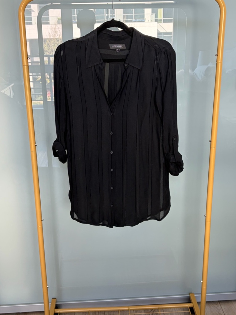 INTERMIX Black Sheer Button-Down Blouse